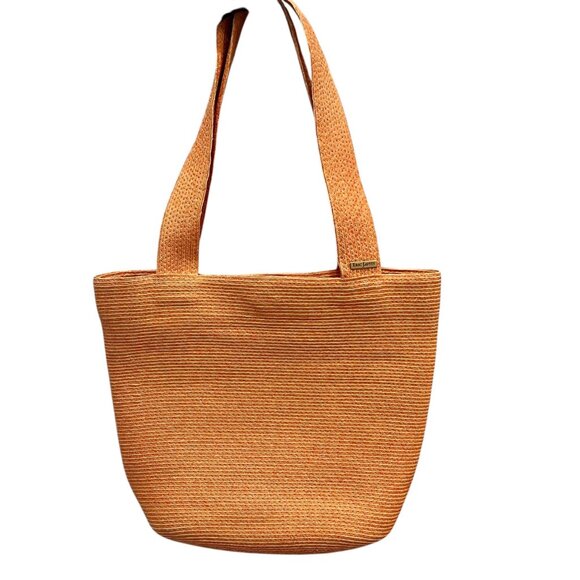Eric Javits New York Orange Raffia Straw Tote Bag With Green Lining - Picture 4 of 10